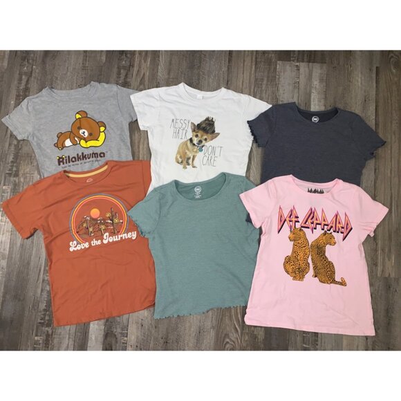 Lot Of 6 Graphic Tee Shirts kids 10/12 Def Leppard Rilakkuma Messy Hair Dont Car - Picture 1 of 4
